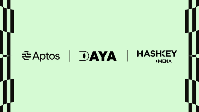 A light green banner displaying three company logos side by side: Aptos, DAYA, and HASHKEY MENA, separated by vertical bars.