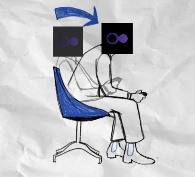 A pencil sketch on crumpled paper showing a person sitting on a blue chair with their heads replaced by black boxes containing purple crypto logos, with a blue arrow drawn above.