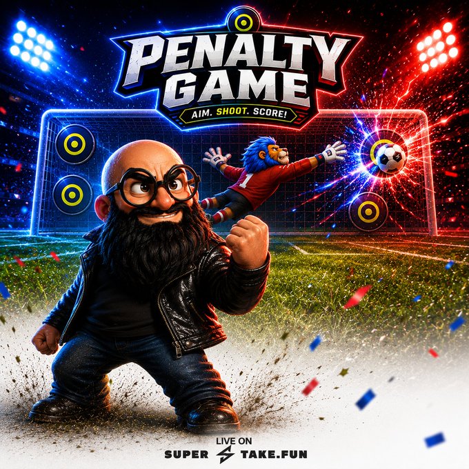 A promotional graphic for a game titled 'PENALTY GAME - AIM. SHOOT. SCORE!' shows a 3D-rendered bearded man celebrating, with a goalkeeper diving in the background; it notes 'LIVE ON SUPER TAKE.FUN'.