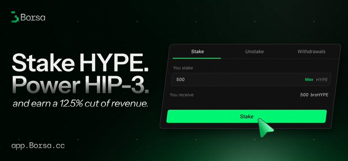 The image features a banner for a new cryptocurrency exchange platform called Borsa, which offers users the ability to stake their funds using the hypnosis-based Power Hip-3 trading system. The poster highlights that users can now earn 12.5% of the hip-3 currency they stake, offering an extra reward beyond just regular hypnosis staking. A green mouse click is also visible on the banner.
