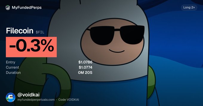 A trading screen for Filecoin ($FIL) from MyFundedPerps showing a -0.3% position, featuring a cartoon character in sunglasses with entry $1.0786, current $1.0774, and duration 0M 20S.