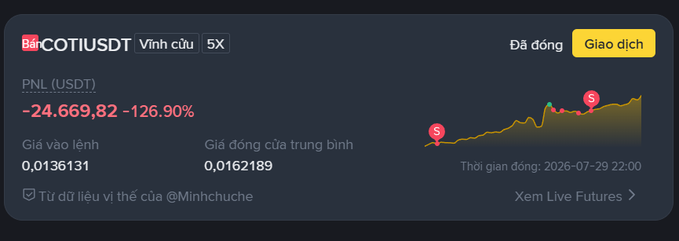 The image shows a Binance Futures trading interface for the COTI/USDT perpetual contract with 5X leverage, displaying a PNL of -24,669.82 USDT (-126.90%), an entry price of 0.0136131, and an average close price of 0.0162189. This corresponds to the post's warning about a trader's devastating futures loss (approximately 700 million VND) from a single failing trade, emphasizing the importance of proper capital management when trading leveraged futures positions.