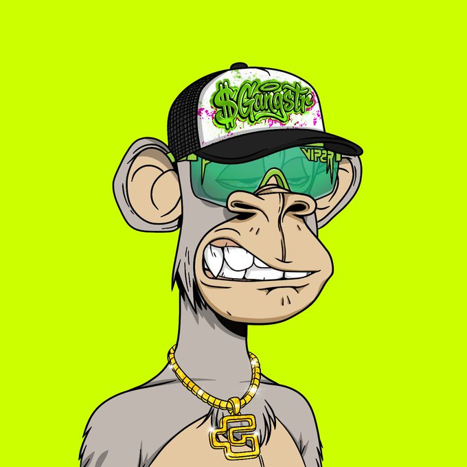 A cartoon NFT-style image of a smirking ape with green-tinted teeth, wearing a trucker hat with graffiti-style "$GANGSTA" lettering, sunglasses, and a gold chain with an "S" pendant, against a bright green background.