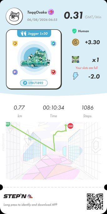 A STEP'N app screenshot showing a 'Jogger Lv30' sneaker NFT, 0.31 GMT/Min earnings, and walking stats of 0.77 km in 00:10:34 over 1086 steps.