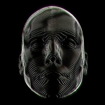 A stylized digital artwork depicts a man's face composed of concentric line patterns with a glitchy purple and green outline against a black background.