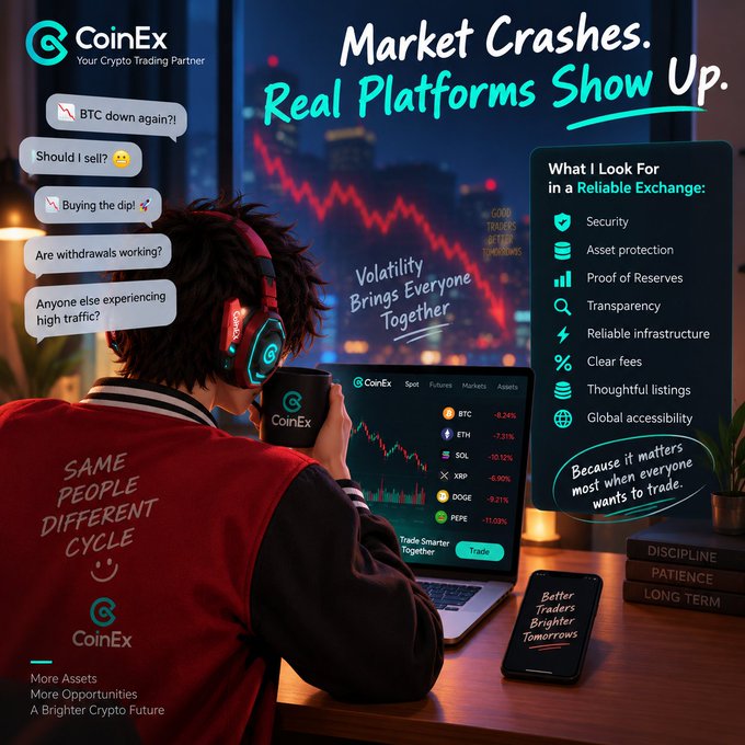 A person in a red "SAME PEOPLE DIFFERENT CYCLE" CoinEx jacket sits at a desk reviewing a CoinEx trading interface showing major losses across tickers like BTC (-8.24%), ETH (-7.31%), SOL (-10.15%), XRP (-8.10%), DOGE (-9.21%), and PEPE (-11.05%) amid a volatile market backdrop. The ad emphasizes how real crypto exchanges prove their reliability during crashes, highlighting features like Security, Proof of Reserves, Transparent fees, and Global accessibility, tying directly to the post's message about exchanges facing their "real stress test" when traffic surges during BTC downturns.