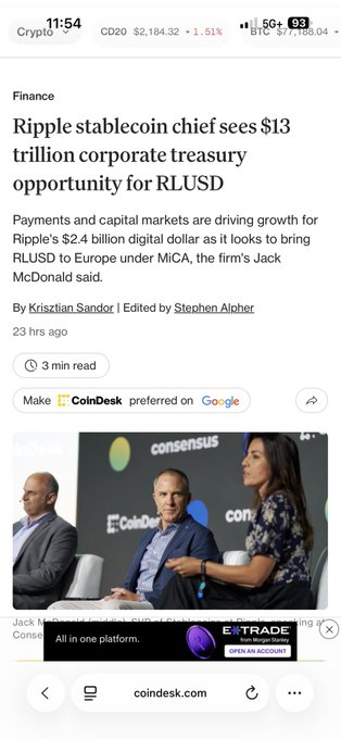 A mobile screenshot of a CoinDesk article titled 'Ripple stablecoin chief sees $13 trillion corporate treasury opportunity for RLUSD', featuring Jack McDonald at the Consensus conference.