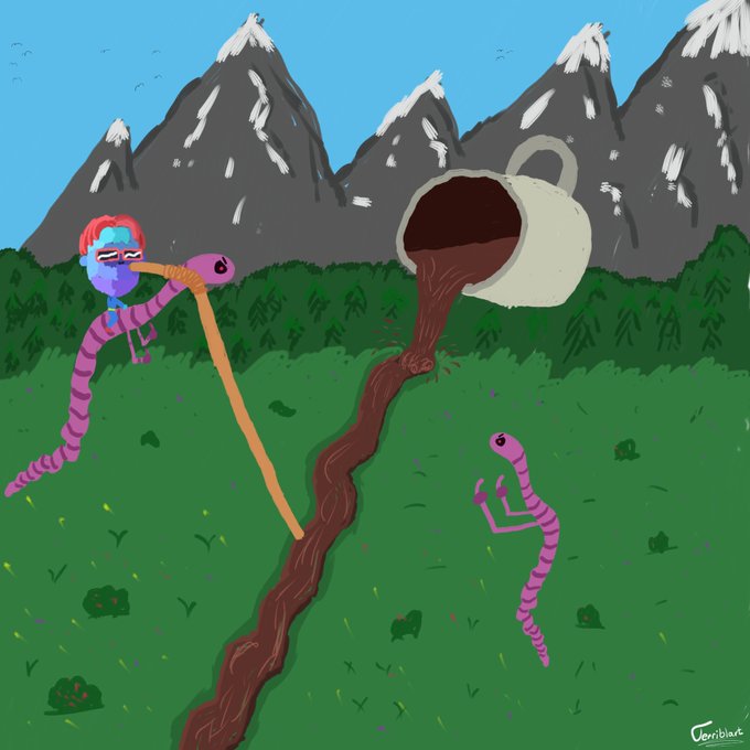 A colorful digital illustration showing purple worm-like creatures and a character pouring brown coffee from a cup onto the grass, with mountains in the background.