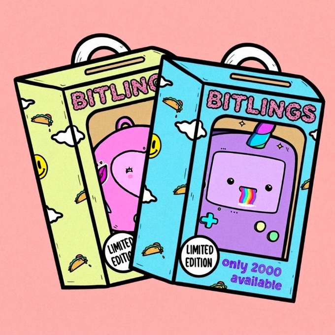 An illustration of two 'BITLINGS' limited edition toy boxes (only 2000 available) designed to look like retro handheld game consoles with cute faces, set against a pink background.