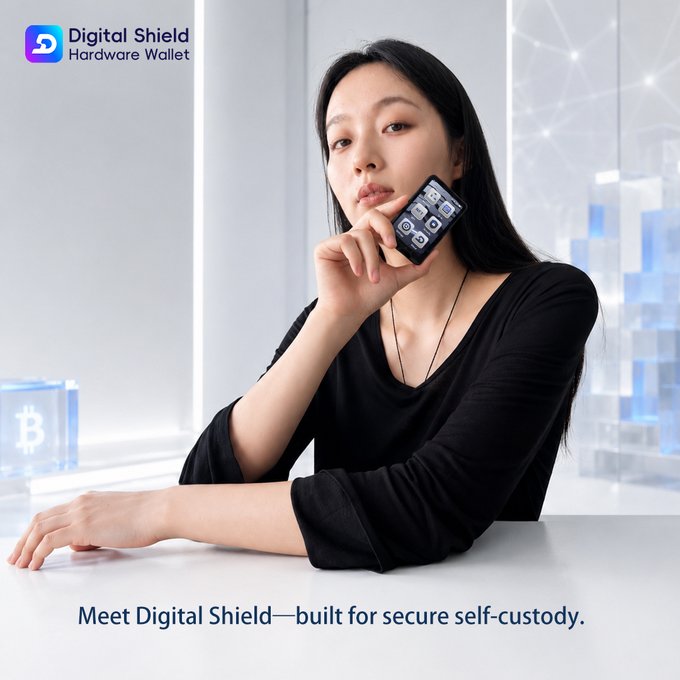 An advertisement for the 'Digital Shield Hardware Wallet' featuring a woman holding the device, with the tagline 'Meet Digital Shield—built for secure self-custody.'
