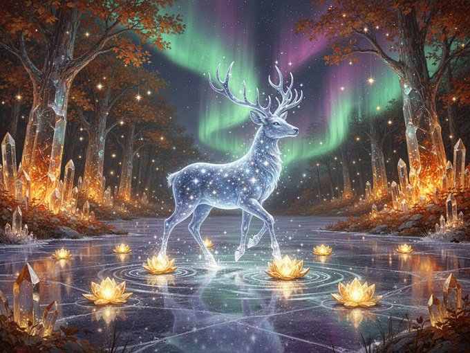 A fantasy digital artwork depicting a glowing, star-like deer standing on a reflective surface surrounded by golden lotus flowers and crystals, with the aurora borealis lighting up the forest sky behind it.