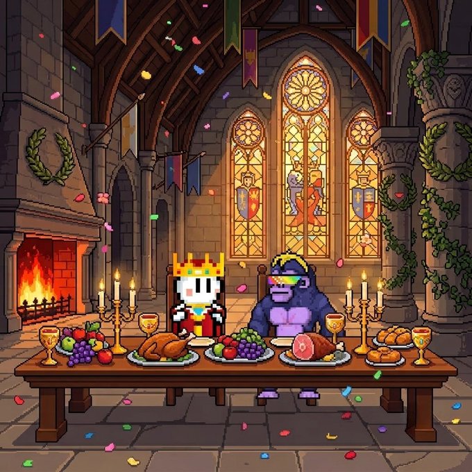 A pixel-art king with rainbow sunglasses dines at a medieval banquet table alongside a purple gorilla wearing a crown, surrounded by roast meats, fruits, goblets, and confetti in a stained-glass hall—visually tying together the regal "CyberKongz" gorilla theme with a celebratory, bullish vibe for the DUMPSTR mint.