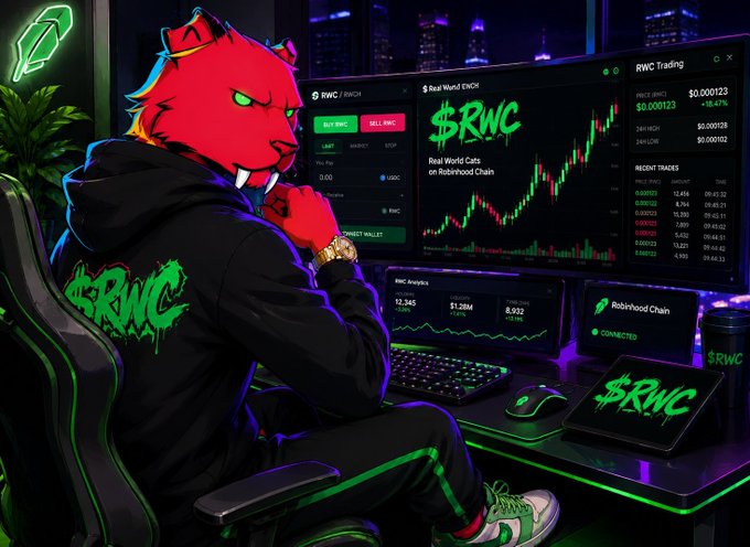 An anime-style illustration of a red feline character in a '$RWC' hoodie trading cryptocurrency, with monitors showing 'Real World Cats on Robinhood Chain' ($RWC) and price charts.