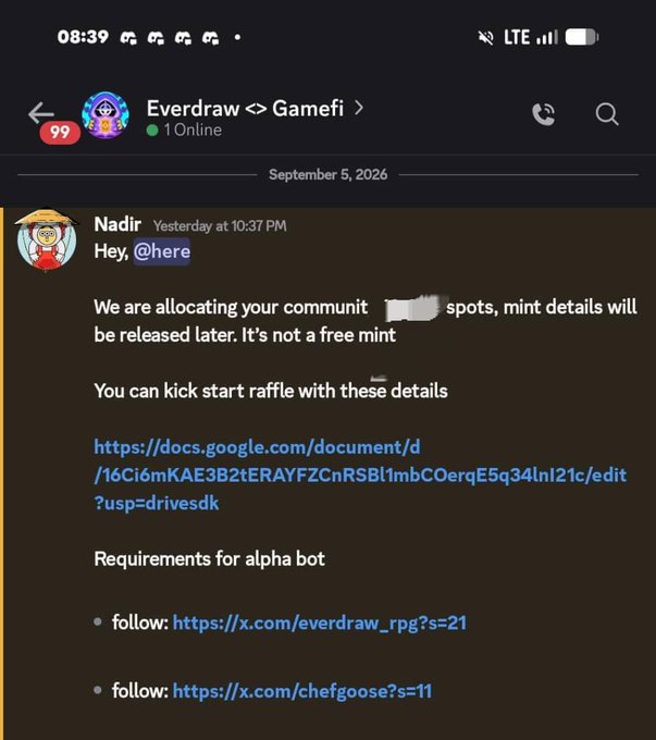 A Discord message from 'Nadir' in the 'Everdraw <> Gamefi' server, detailing community mint allocations and raffle requirements with Google Docs and Twitter follow links.