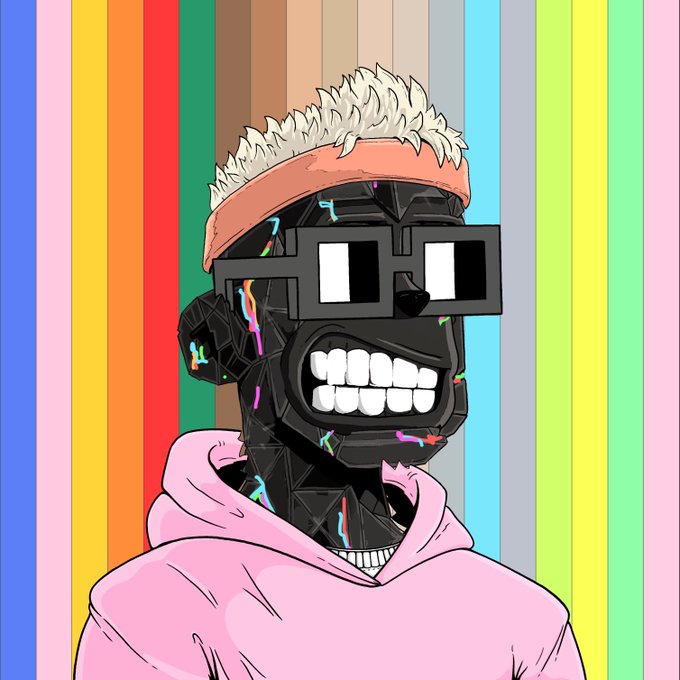 A digital NFT-style character with a black geometric head, glowing rectangular glasses, and a wide toothy grin wears a pink hoodie and furry orange hat against a striped rainbow background, representing the y00ts NFT collection.