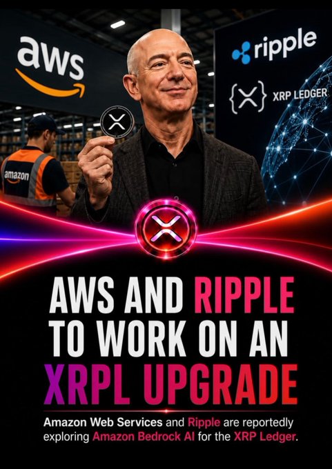 A promotional graphic featuring a smiling man holding an XRP coin, with the AWS and Ripple logos, and text reading 'AWS AND RIPPLE TO WORK ON AN XRPL UPGRADE' and 'Amazon Web Services and Ripple are reportedly exploring Amazon Bedrock AI for the XRP Ledger.'