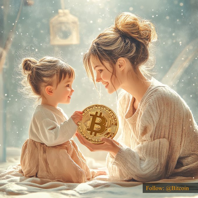 A warm illustration shows a mother and young daughter holding a large gold Bitcoin coin, with the Bitcoin “₿” symbol prominently visible. A lower-right banner reads “Follow: @Bitcoin,” and the image accompanies a post stating “$80,511.80 #Bitcoin,” highlighting the cryptocurrency’s price.