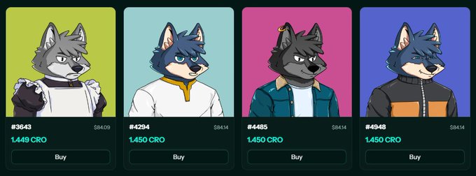 The image shows four wolf character NFTs (#3643, #4294, #4485, and #4948) being sold for prices around 1,449-1,450 CRO, likely as part of the post's reflection on airdrop farming and selling off speculative NFT holdings. The post suggests the author is now listing these items for sale, possibly as a "third" follow-up action to recouping value from previous farming efforts.
