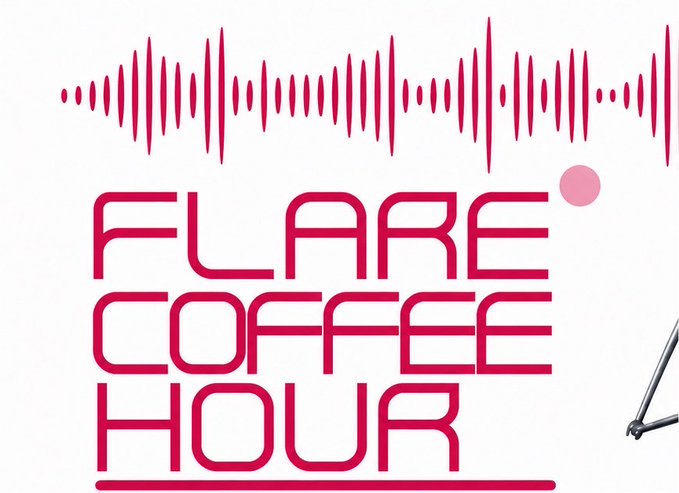 A 'Flare Coffee Hour' logo featuring a pink audio waveform above the bold pink text, with a microphone stand visible on the right.
