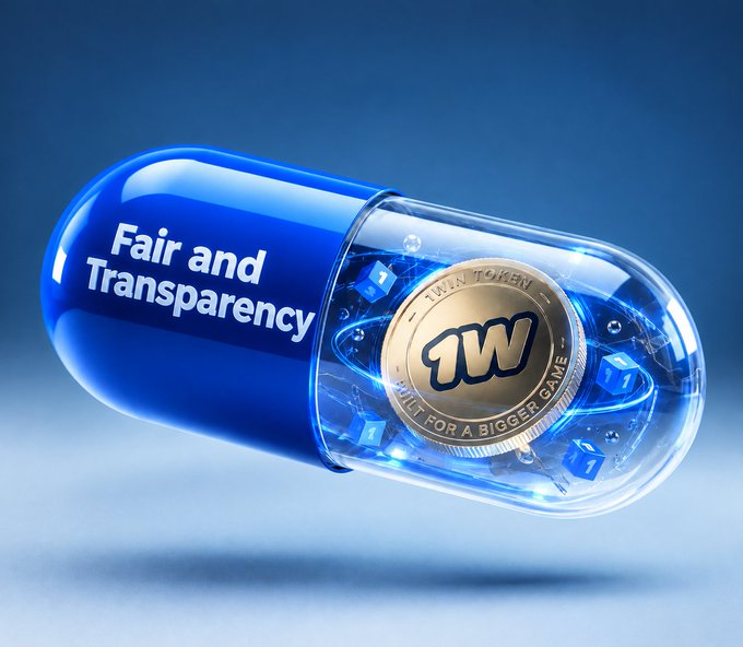 A 3D rendering shows a blue and clear capsule pill on a blue background. The blue half reads 'Fair and Transparency', while the clear half contains a gold '1W TWIN TOKEN' coin surrounded by blue technological accents and the text 'BUILT FOR A BIGGER GAME'.