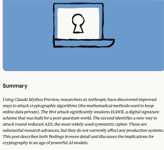 Anthropic announces that Claude Mythos Preview helped researchers discover improved attacks on cryptographic algorithms, including a significant weakening of the post-quantum HAWK digital signature scheme and a new attack on round-reduced AES.