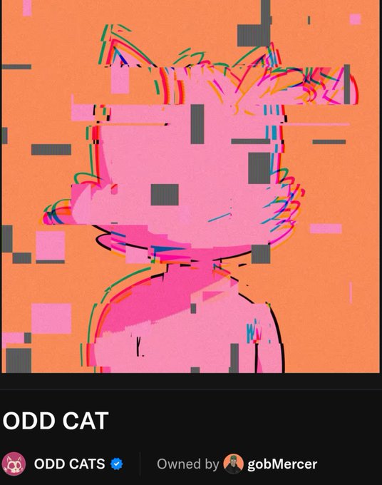 A glitch-art style pink NFT of a cat character labeled 'ODD CAT' from the 'ODD CATS' collection, owned by 'gobMercer'.