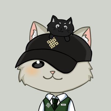 An illustration of a cute cartoon character resembling a cat or fox wearing a black cap with a small black cat sitting on top, dressed in a school uniform with a tie.