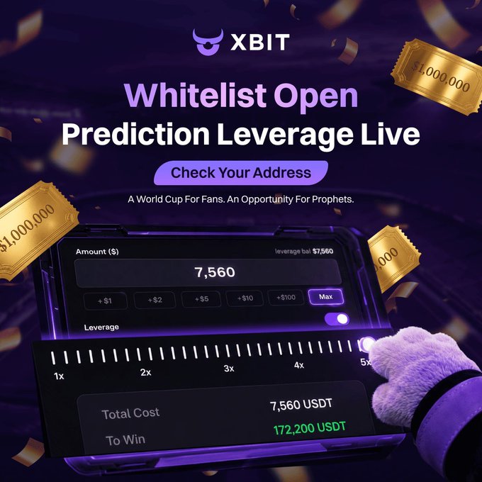 The image shows a tablet computer with an open wallpaper displaying a world cup prediction tool from XBTDEX. It has purple and gold colors, and multiple golden tickets floating around the tablet screen as well. The image also features text that explains an upcoming whitelist open campaign on June 11 for the World Cup, where users can participate by entering Prediction Tickets at the specified time to win a $1,000,000 USDC prize pool.
