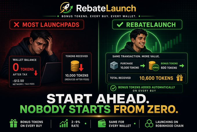 RebateLaunch promotional graphic comparing “MOST LAUNCHPADS” with “REBATELAUNCH,” advertising bonus tokens, a “2–9% RATE,” and the slogan “START AHEAD. NOBODY STARTS FROM ZERO.”