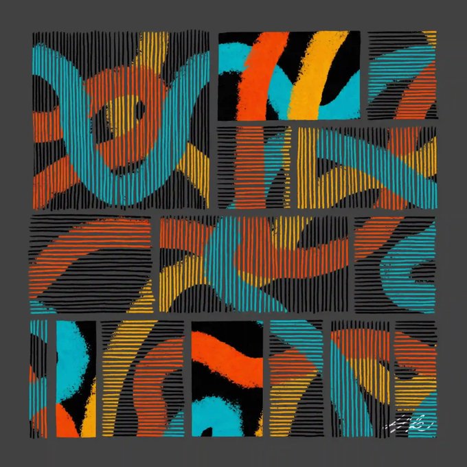 An abstract, vibrant typographic artwork by Mike Kerslake featuring letters formed by colorful striped brushstrokes in orange, yellow, and blue.