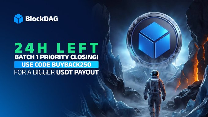 A BlockDAG promotional banner features the company’s blue cube logo inside a glowing circular frame above an astronaut gazing into an icy cave, with the text “24H LEFT BATCH 1 PRIORITY CLOSING! USE CODE BUYBACK250 FOR A BIGGER USDT PAYOUT,” aligning with the post’s message that the first $5 million in USDT buyback payouts are closing in 24 hours and encouraging users to buy Legacy BDAG at $0.00000007 using code BUYBACK250.