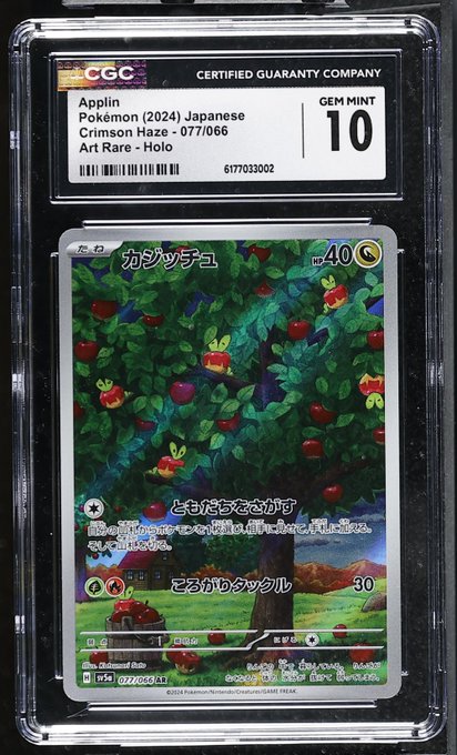 A CGC (Certified Guaranty Company) graded Japanese Pokémon card "Applin" from the Crimson Haze set (077/066) rated GEM MINT 10, featuring an Art Rare - Holo designation.