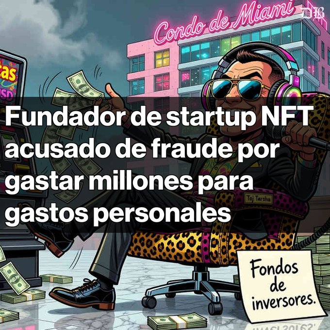 A cartoon illustration of a man in a leopard-print chair with headphones and sunglasses, with Spanish text reading 'Fundador de startup NFT acusado de fraude por gastar millones para gastos personales' and a sign saying 'Fondos de inversores.'