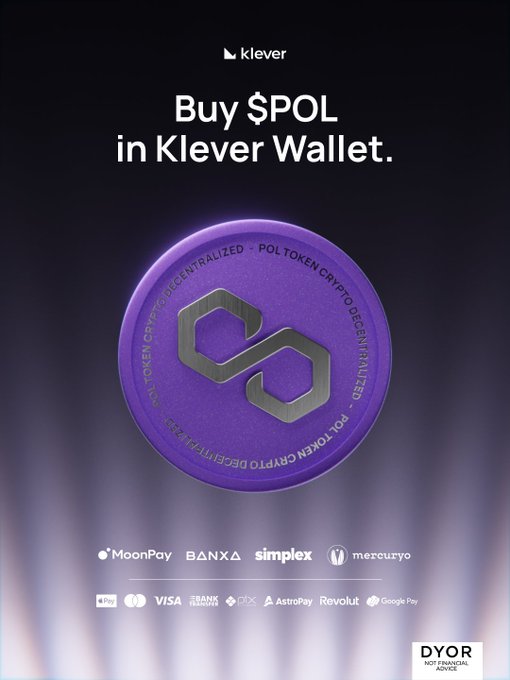 The image is a promotional graphic for Klever Wallet featuring a large purple POL token coin with the headline "Buy $POL in Klever Wallet," and it showcases payment provider logos including MoonPay, Banxa, Simplex, Mercuryo, and payment methods like Visa, Apple Pay, and Google Pay, directly supporting the post's message about easily purchasing POL tokens through the Klever Wallet platform.