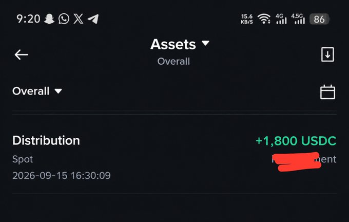 A mobile app screen showing an 'Assets' overview with an 'Overall' distribution of '+1,800 USDC' from a Spot transaction dated 2026-09-15 16:30:09, with some text redacted in red marker.