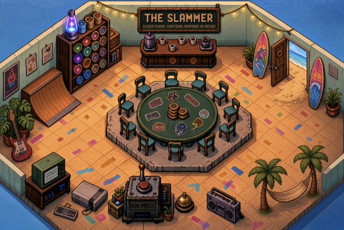 An isometric pixel art room with a sign reading 'THE SLAMMER' at the top, featuring a large poker-style table in the center surrounded by various objects like a guitar, palm trees, and arcade machines.