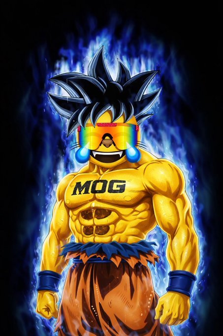 A digital illustration of a muscular yellow character resembling a fusion of Goku and SpongeBob, wearing 'MOG' shorts, an orange gi, and rainbow sunglasses with 'HELLO THERE' text, surrounded by blue flames.