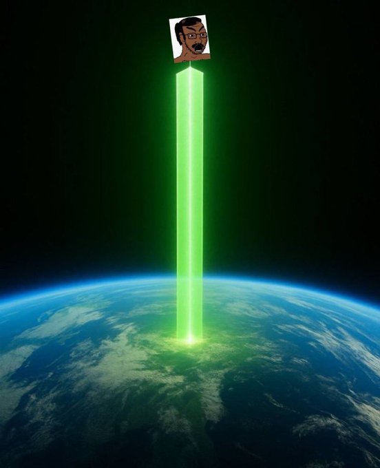 A digital illustration showing a small cartoon portrait of a man with glasses and a beard floating in space, with a bright green beam of light shooting down from him onto Earth.