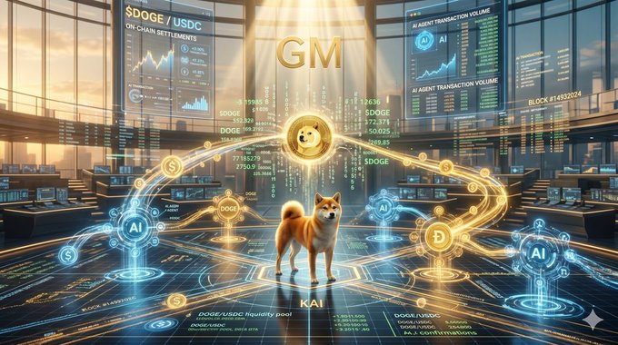 In this digital illustration depicting a dog standing in front of a computer screen with a "GM" label on it surrounded by various data tables and graphs, it is evident that there are transactions related to cryptocurrency happening within an office setting. The image captures the hustle and bustle of AI agents working and executing trades simultaneously without supervision or interference from humans. This situation highlights how AI is increasingly becoming more proficient in managing and controlling tasks on its own.