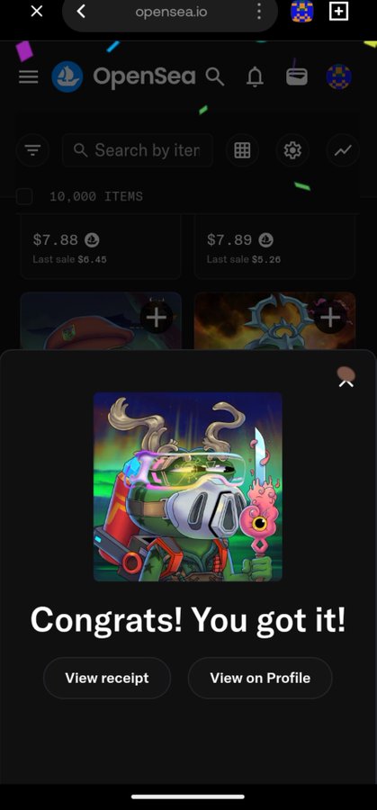 A user celebrates acquiring a new NFT on OpenSea.io, with a confirmation screen showing "Congrats! You got it!" alongside options to "View receipt" or "View on Profile," suggesting they are showcasing a fresh addition to their digital collection to fellow clan members.