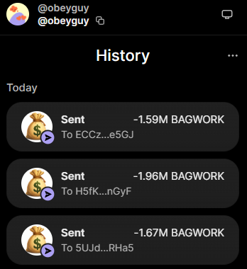 A screenshot of a crypto wallet transaction history shows user @obeyguy sending BAGWORK tokens to three different wallets, with transfers of -1.59M, -1.96M, and -1.67M BAGWORK today, visually backing up their claim of rewarding "loyal bagworkers" with token airdrops.