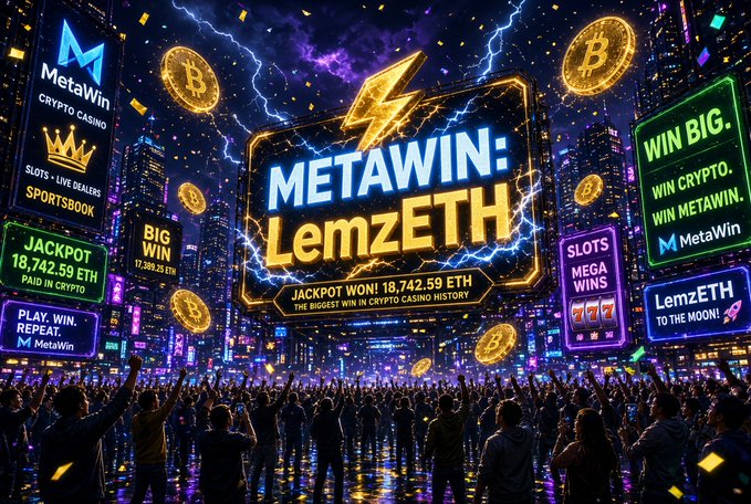 A vibrant promotional graphic for MetaWin, a crypto casino, featuring neon signs advertising slots, sportsbook, and a record-breaking jackpot of 18,742.59 ETH, with text including 'BIG WIN', 'LemzETH', and 'TO THE MOON!'.