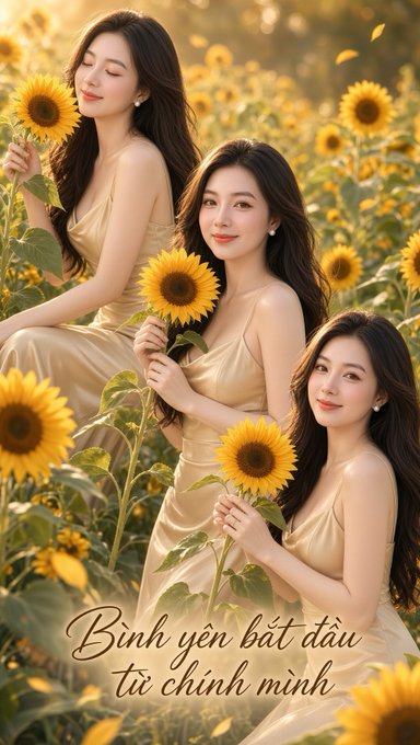 Image 9: An AI-generated image of three identical women in elegant golden dresses among sunflowers, with Vietnamese text 'Bình yên bắt đầu từ chính mình' (Peace begins with oneself).
