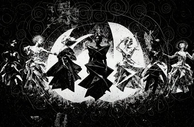 A dramatic black-and-white digital artwork features elegantly dressed figures in flowing gowns posed against a large crescent moon, overlaid with geometric shapes and ornate spiral patterns that evoke a mystical, celestial aesthetic—fitting as a teaser for an NFT drop on objkt.com.