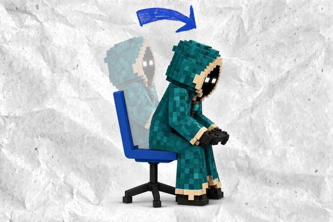 A 3D rendering showing a blocky, Minecraft-style character in teal robes sitting in a chair, with a faded silhouette and blue arrow indicating a sitting motion.