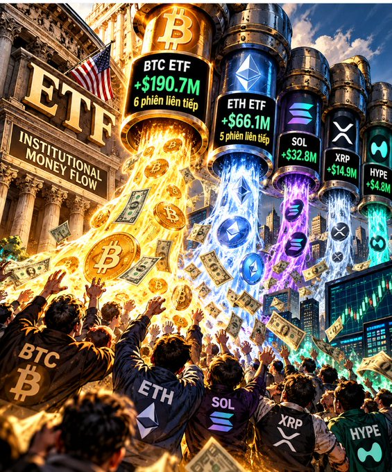 An AI-generated illustration of cryptocurrency ETF flows, showing people wearing BTC, ETH, SOL, XRP, and HYPE shirts cheering as golden and colorful coins pour from large containers labeled with respective crypto ETFs and inflow amounts, with 'ETF INSTITUTIONAL MONEY FLOW' text on a building in the background.