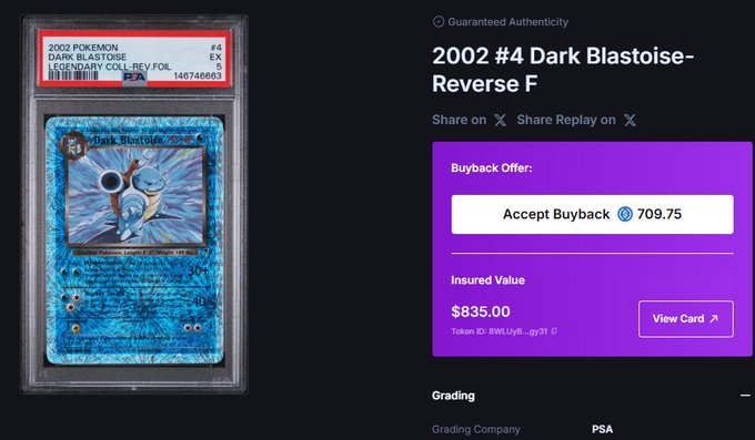A PSA-graded 2002 Pokémon Legendary Collection Reverse Holo Dark Blastoise (#4) valued at $835 with a $709.75 buyback offer is displayed on Collector Crypt, showcasing the impressive pull referenced in the post.
