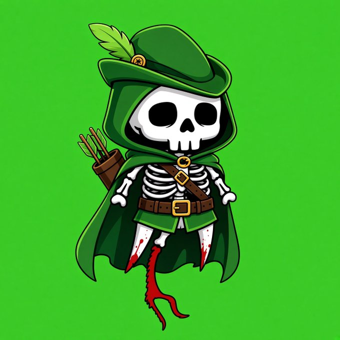 A cartoon skeleton character dressed as a Robin Hood-like archer in a green hooded cloak and feathered cap stands against a bright green background.