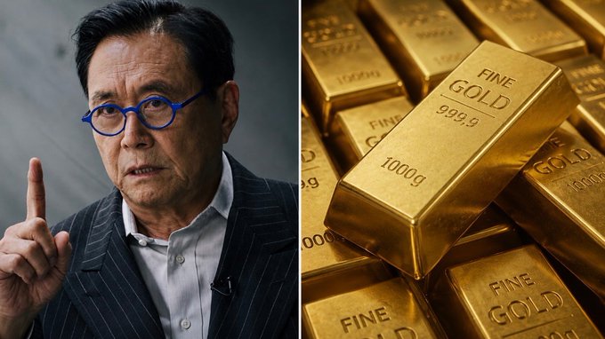 Robert Kiyosaki predicts gold will reach $35,000 by mid-2027, a claim juxtaposed with an image of stacked 999.9 fine gold bars marked "1000g" to emphasize the extraordinary scale of market cap growth he envisions.