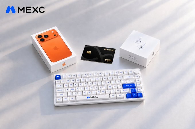 A promotional flat lay showcases an orange iPhone 17 Pro Max box, a MEXC-branded mechanical keyboard, an AirPods Pro box, and a black MEXC Global Visa card arranged on a light surface, illustrating the premium tech prizes available through the MEXC Global Card application.
